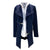 The jacket has a loose fit with 2 decorating zipper trims and easy wide collar. Color is dark navy and the jacket is shown with a white blouse.