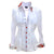 white blouse with red and green floral collar and cuffs, red buttons