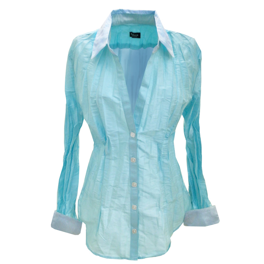 Classic cut shirt with a solid ice color body. Cuffs and Collar are fine light blue and white striped. Buttons are white. Ice color can be described as as pale light blue with a hint of pale ocean green.
