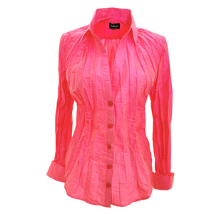 A classic cut blouse in color Rose. This color can be described as a bold warm floral pink.  The buttons  are of the same color.