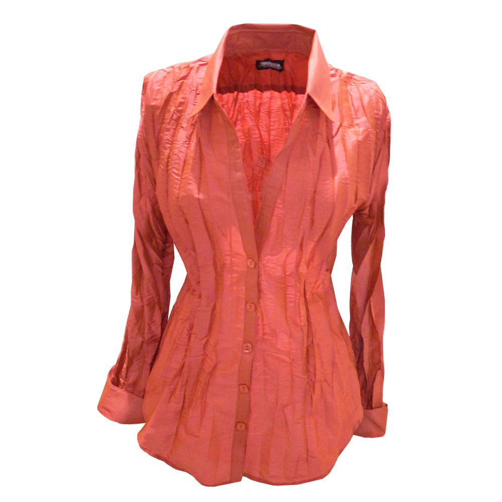 Sherbet colored shirt with same colored buttons. Sherbet color can be described as a red between orange and raspberry.