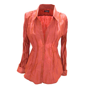 Sherbet colored shirt with same colored buttons. Sherbet color can be described as a red between orange and raspberry.