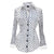 White blouse with black dots, cuffs and inner lining of collar is white, buttons are black.