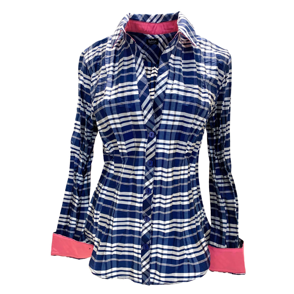 A classic cut Blouse in a brilliant Navy-blue and white check pattern. The cuffs and the inner lining of the collar is in a contrasting yet complementing Rose color. Buttons are Navy Blue.  and inner lining of collar. Buttons are navy blue.
